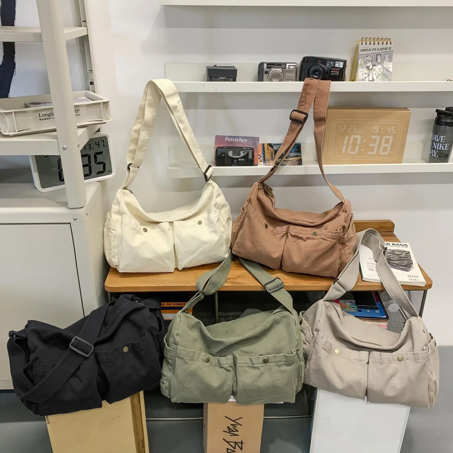 Wxnow Multi-Pocket Canvas Hobo Bag Large Crossbody Bag Retro Office Outdoor Shoulder Tote Bag for Women and Men