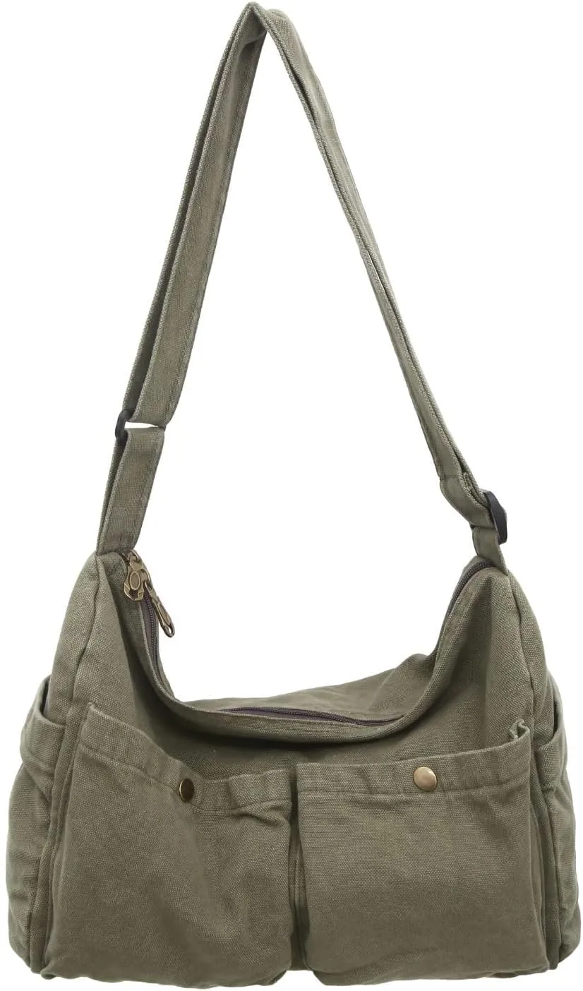 Wxnow Multi-Pocket Canvas Hobo Bag Large Crossbody Bag Retro Office Outdoor Shoulder Tote Bag for Women and Men