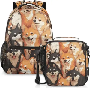 Yellow Dog Lunch Backpack Black Corgis Laptop Backpacks Set with Insulated Cooler Lunch Box Leak Proof Lunch Bag for Women Men Work Camping Travel Daypack
