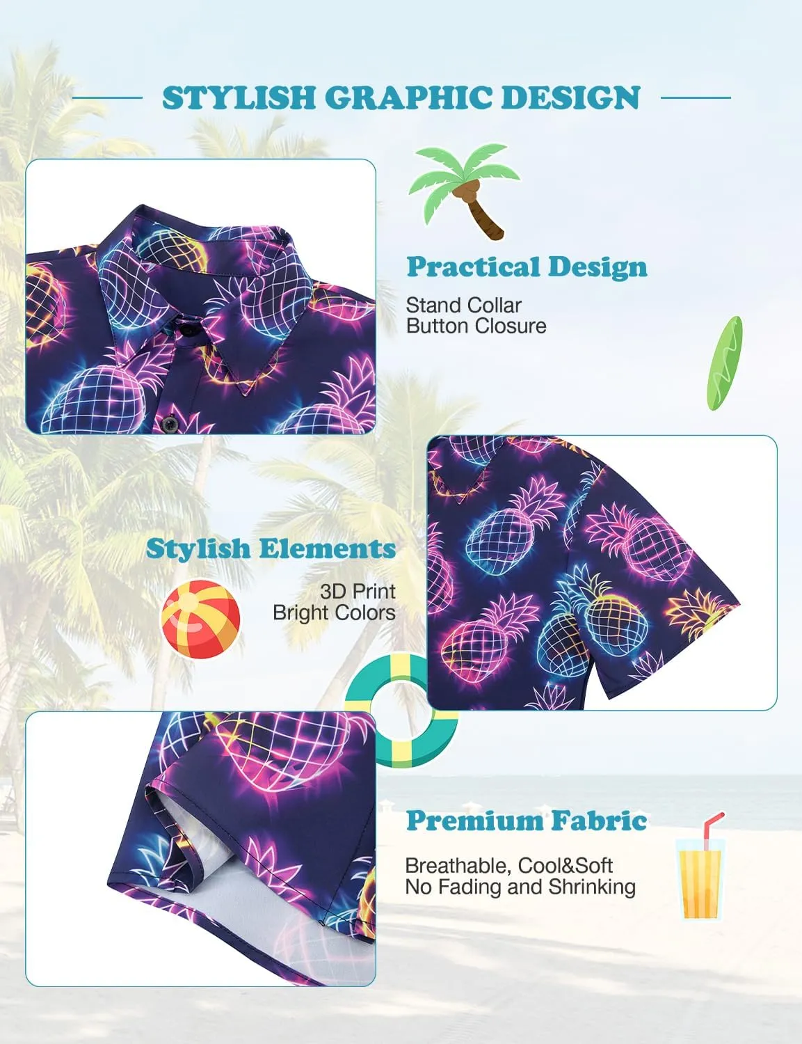 Yoimira Hawaiian Shirts for Boys Neon Quick Dry 3D Tropical Print Button Down Beach Short Sleeve Shirt 7-14 Years