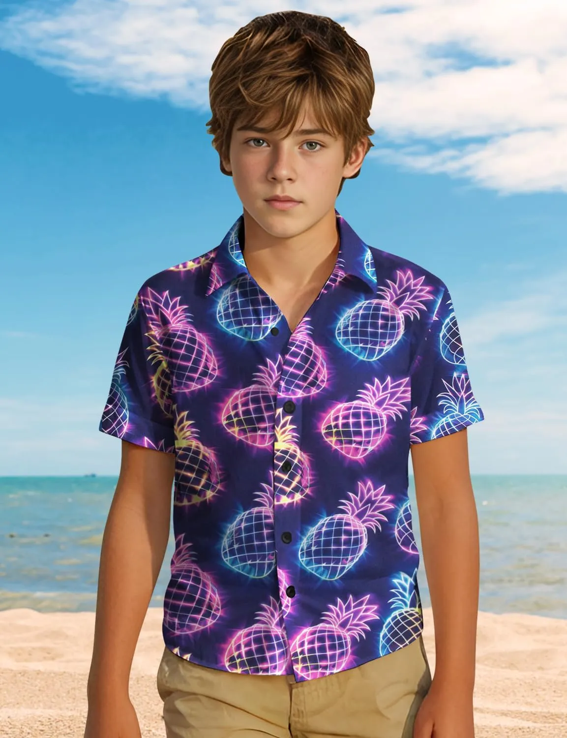 Yoimira Hawaiian Shirts for Boys Neon Quick Dry 3D Tropical Print Button Down Beach Short Sleeve Shirt 7-14 Years