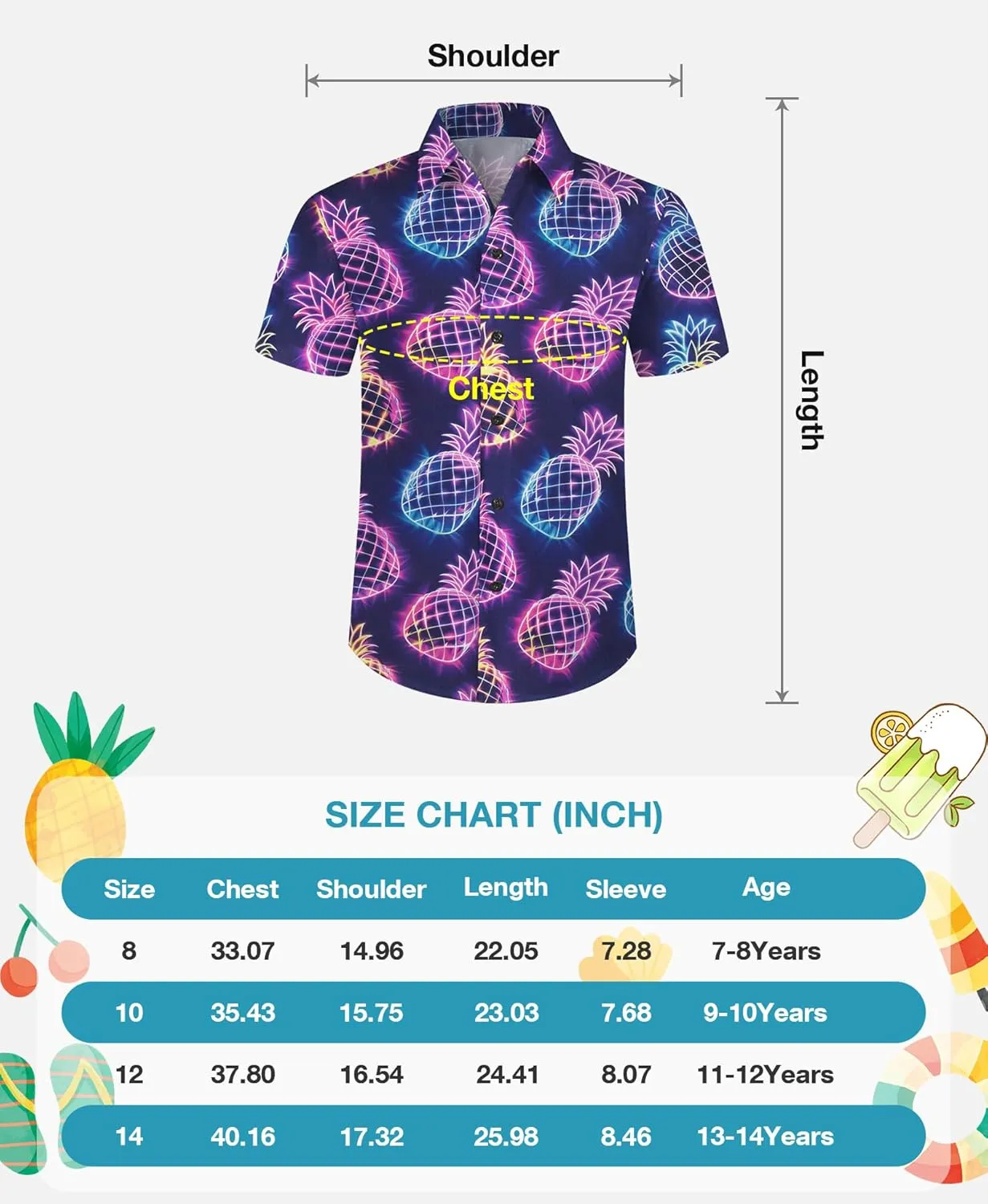 Yoimira Hawaiian Shirts for Boys Neon Quick Dry 3D Tropical Print Button Down Beach Short Sleeve Shirt 7-14 Years