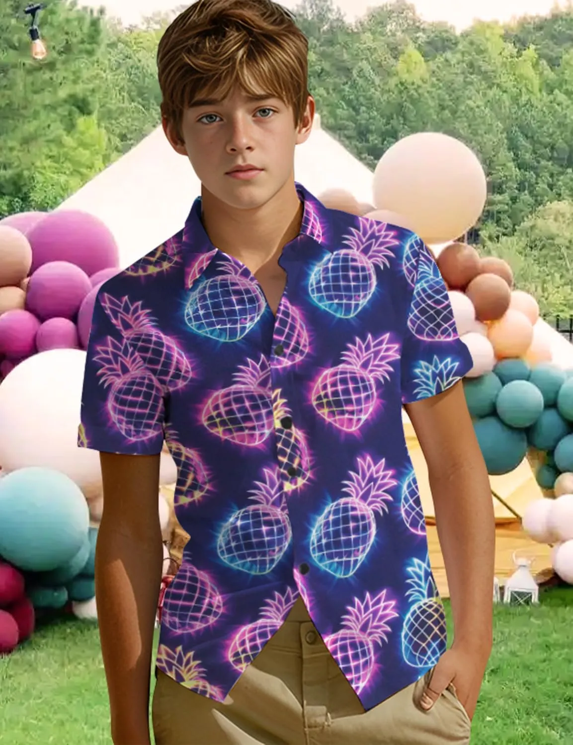 Yoimira Hawaiian Shirts for Boys Neon Quick Dry 3D Tropical Print Button Down Beach Short Sleeve Shirt 7-14 Years