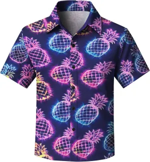 Yoimira Hawaiian Shirts for Boys Neon Quick Dry 3D Tropical Print Button Down Beach Short Sleeve Shirt 7-14 Years