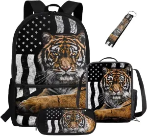 ZDCUSTOM American Flag Tiger Print 4 Pieces School Bagpack Set for Teen Boys 17 inch Large Capacity Shoulder Backpack and Crossbody Lunch Bag Pencil Case and Keychain
