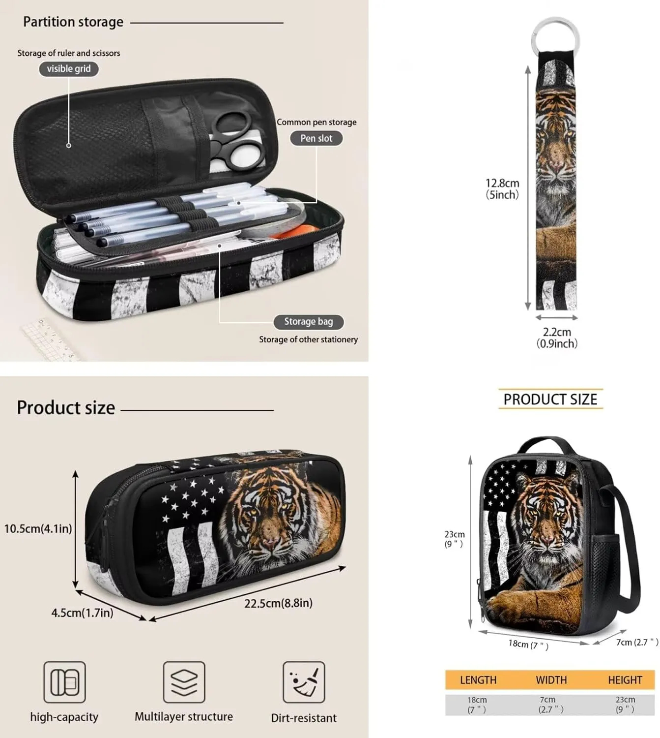 ZDCUSTOM American Flag Tiger Print 4 Pieces School Bagpack Set for Teen Boys 17 inch Large Capacity Shoulder Backpack and Crossbody Lunch Bag Pencil Case and Keychain