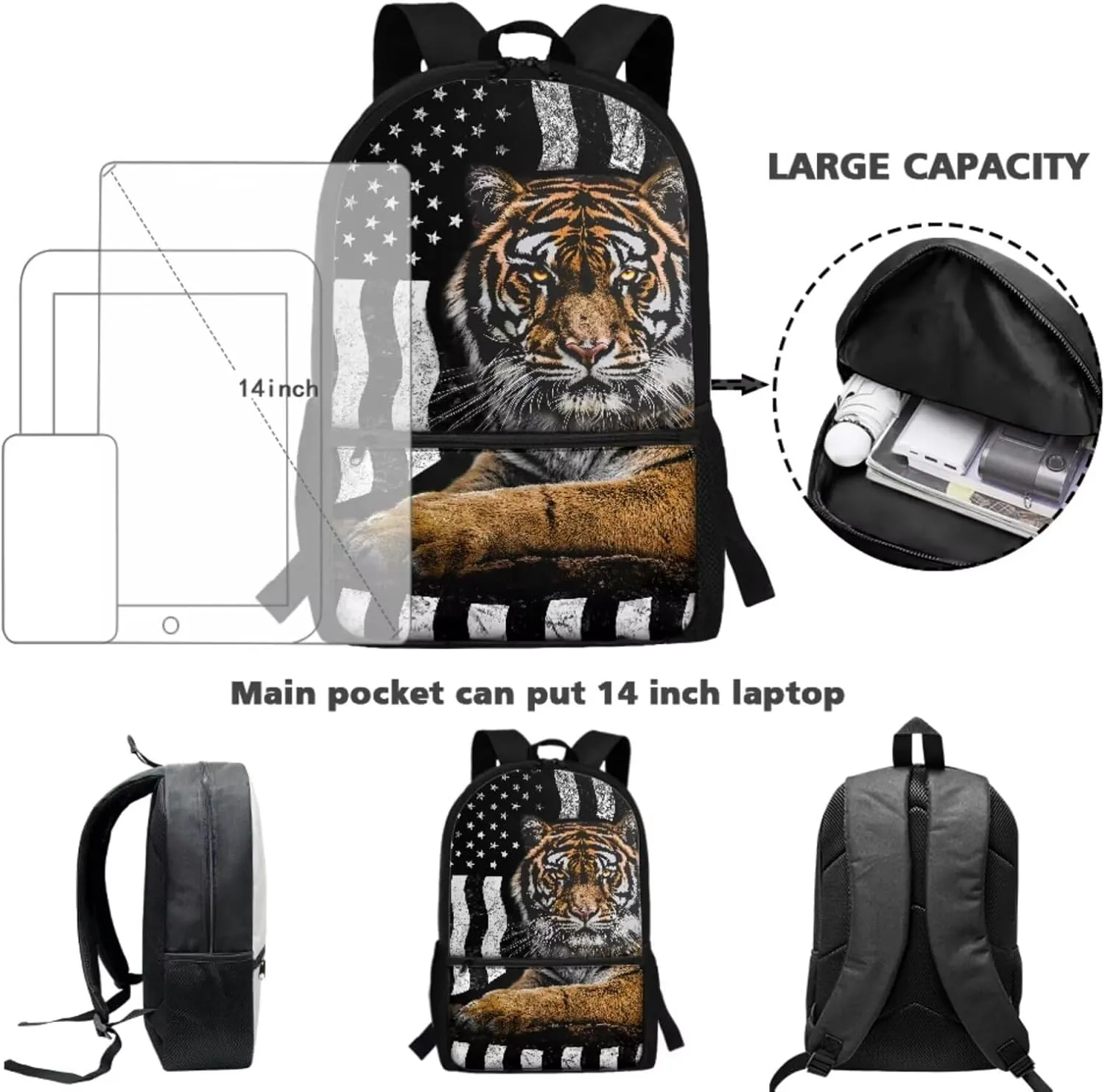 ZDCUSTOM American Flag Tiger Print 4 Pieces School Bagpack Set for Teen Boys 17 inch Large Capacity Shoulder Backpack and Crossbody Lunch Bag Pencil Case and Keychain