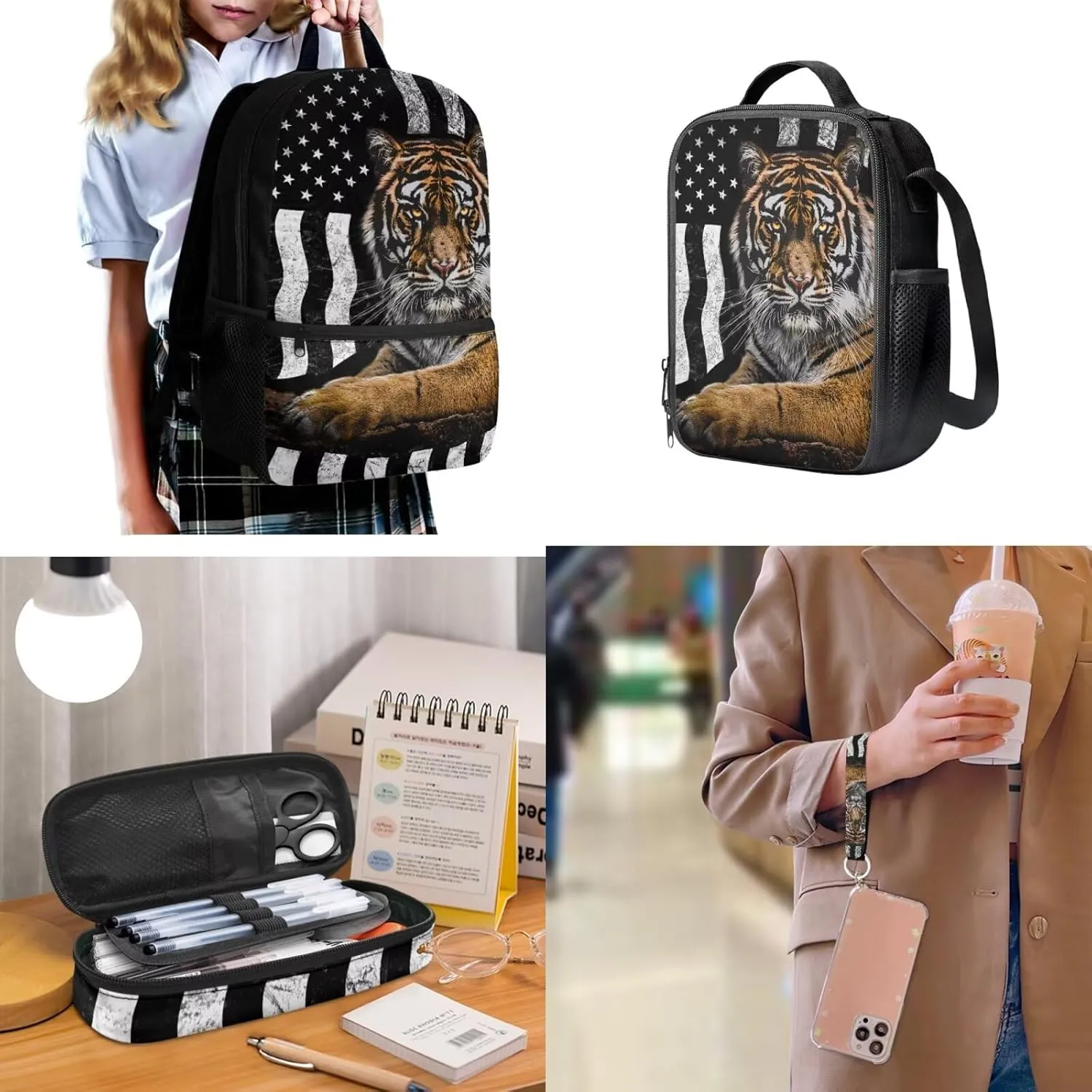 ZDCUSTOM American Flag Tiger Print 4 Pieces School Bagpack Set for Teen Boys 17 inch Large Capacity Shoulder Backpack and Crossbody Lunch Bag Pencil Case and Keychain