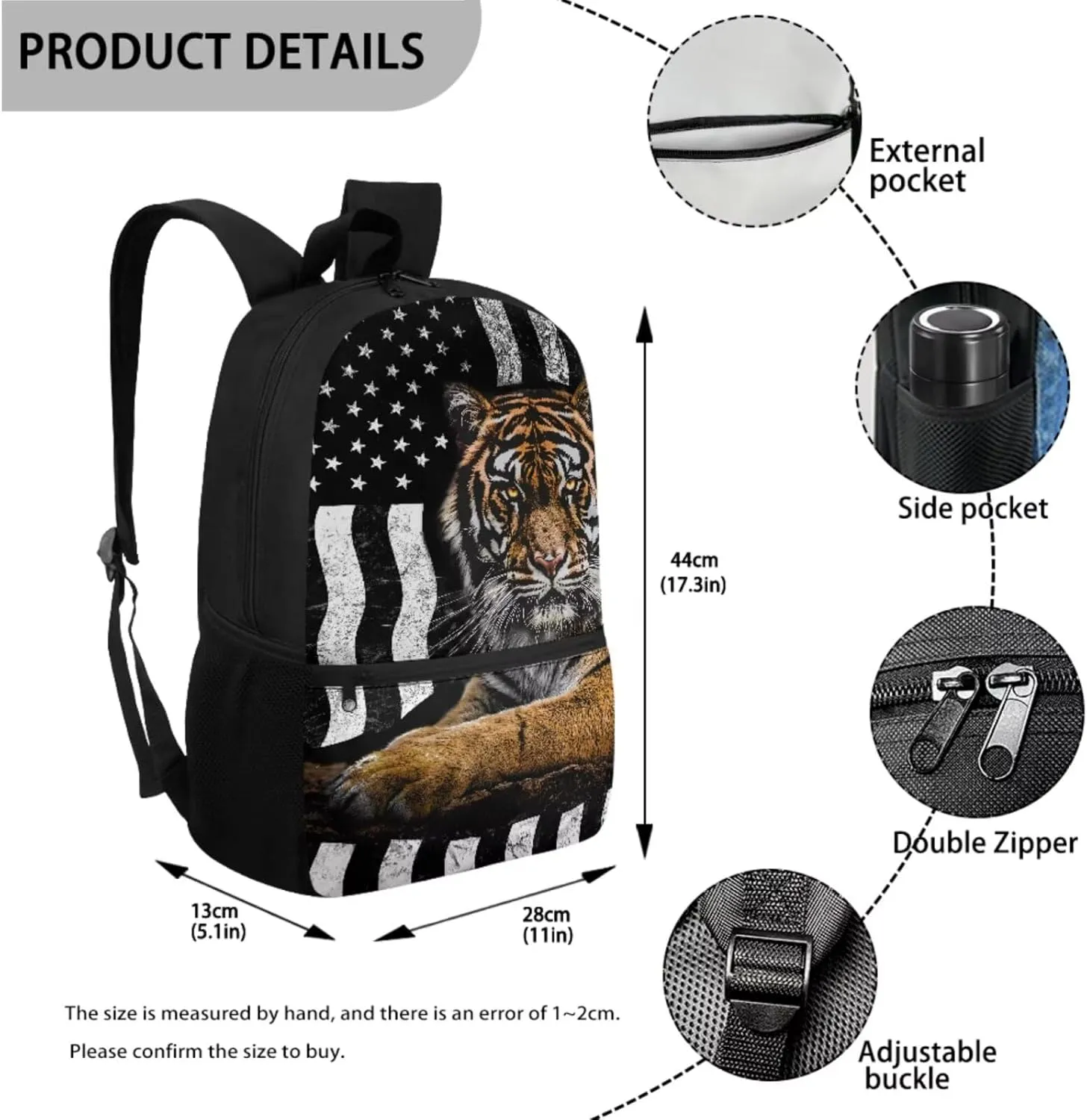 ZDCUSTOM American Flag Tiger Print 4 Pieces School Bagpack Set for Teen Boys 17 inch Large Capacity Shoulder Backpack and Crossbody Lunch Bag Pencil Case and Keychain
