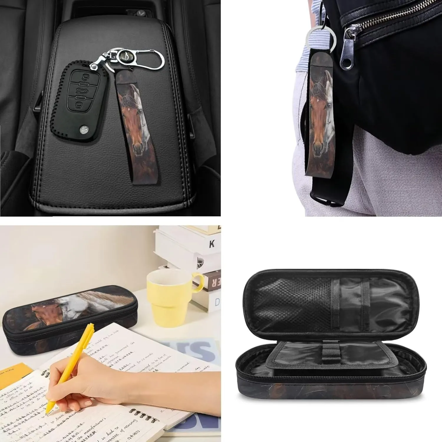 ZDCUSTOM Brown and White Horse Print 4 Pieces Schoolbags Set for Teen Boys Cool Shoulder Backpack with Padded Strap, Tote Lunch Bag, Pencil Case and Keychain