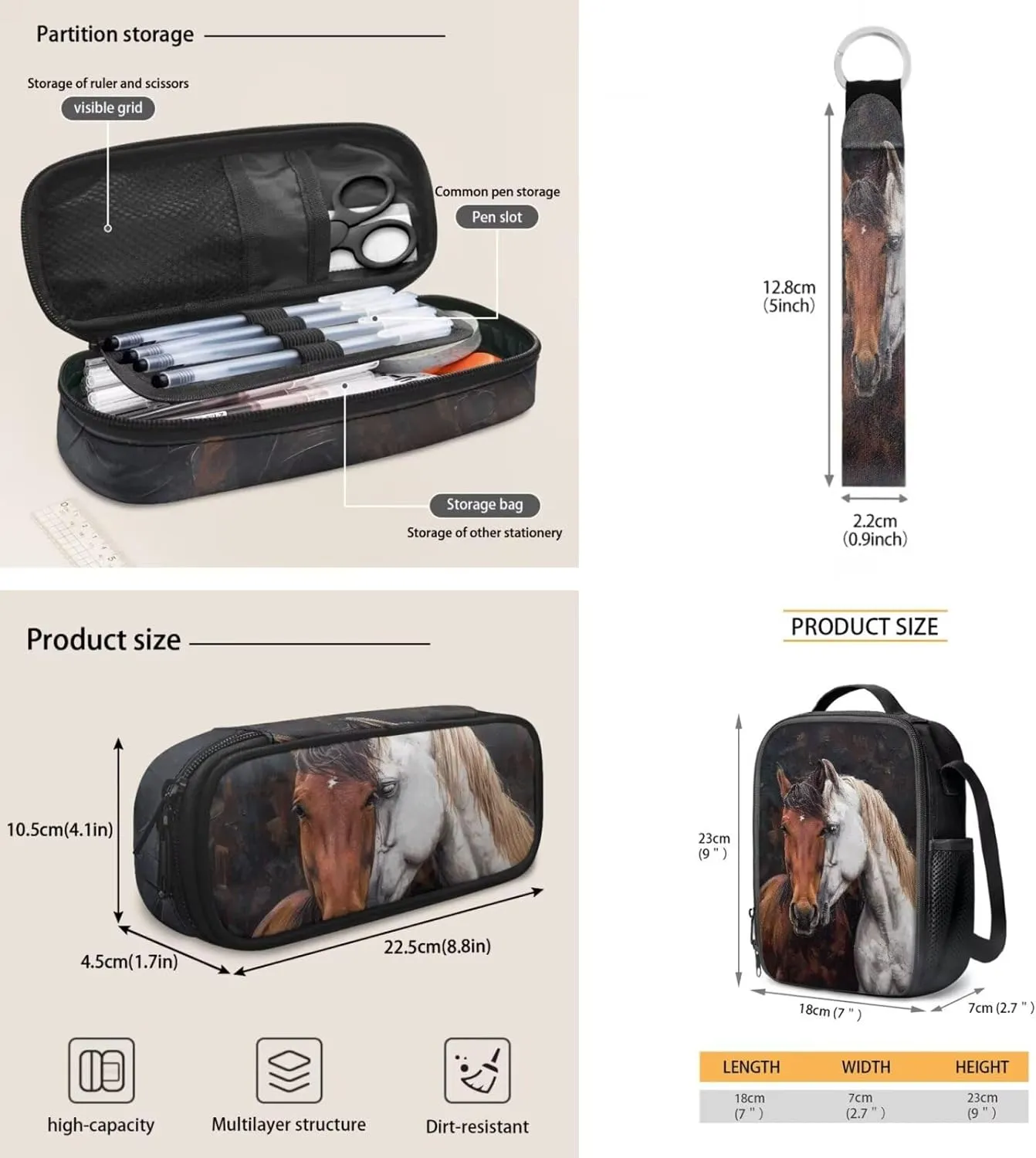 ZDCUSTOM Brown and White Horse Print 4 Pieces Schoolbags Set for Teen Boys Cool Shoulder Backpack with Padded Strap, Tote Lunch Bag, Pencil Case and Keychain