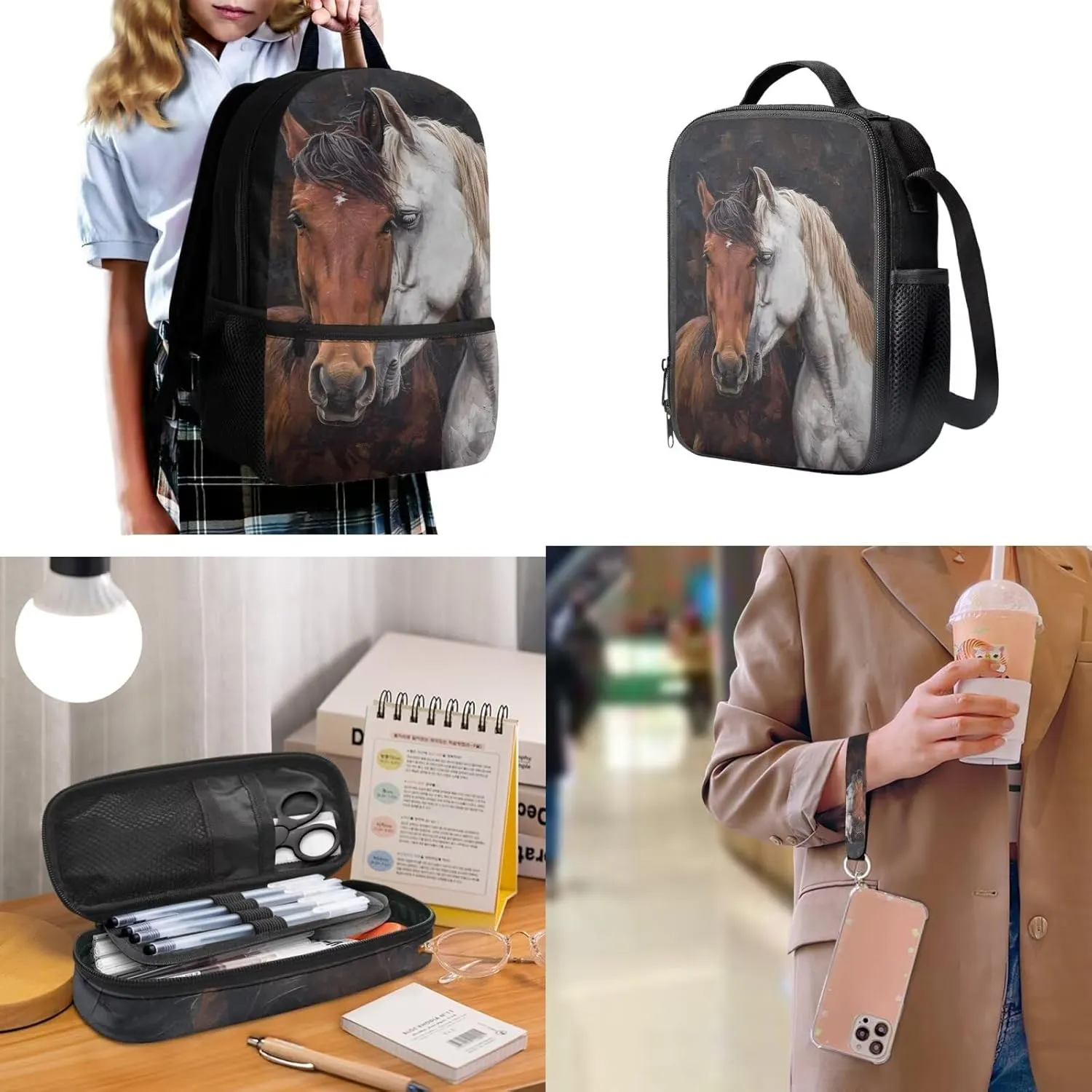 ZDCUSTOM Brown and White Horse Print 4 Pieces Schoolbags Set for Teen Boys Cool Shoulder Backpack with Padded Strap, Tote Lunch Bag, Pencil Case and Keychain