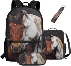 ZDCUSTOM Brown and White Horse Print 4 Pieces Schoolbags Set for Teen Boys Cool Shoulder Backpack with Padded Strap, Tote Lunch Bag, Pencil Case and Keychain