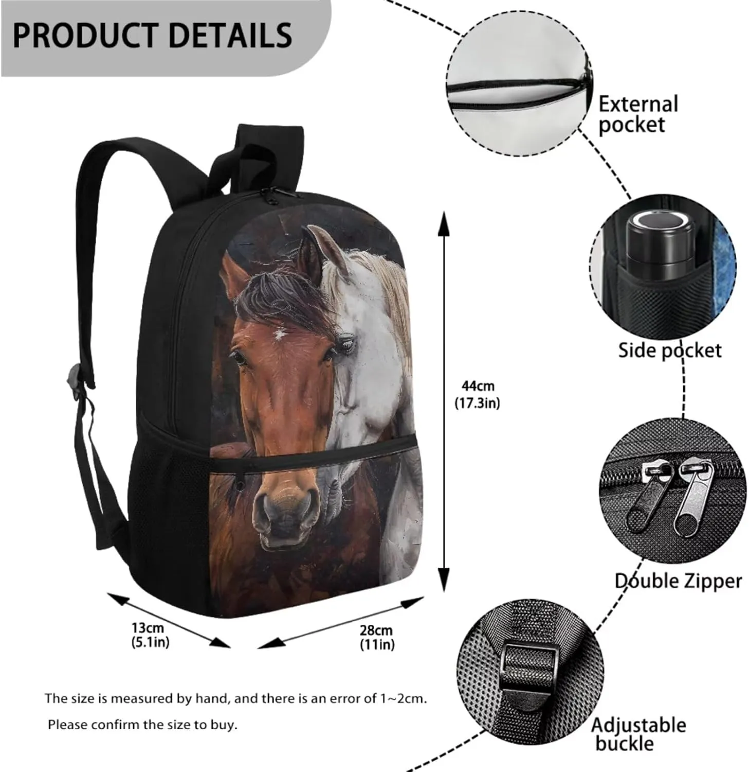 ZDCUSTOM Brown and White Horse Print 4 Pieces Schoolbags Set for Teen Boys Cool Shoulder Backpack with Padded Strap, Tote Lunch Bag, Pencil Case and Keychain