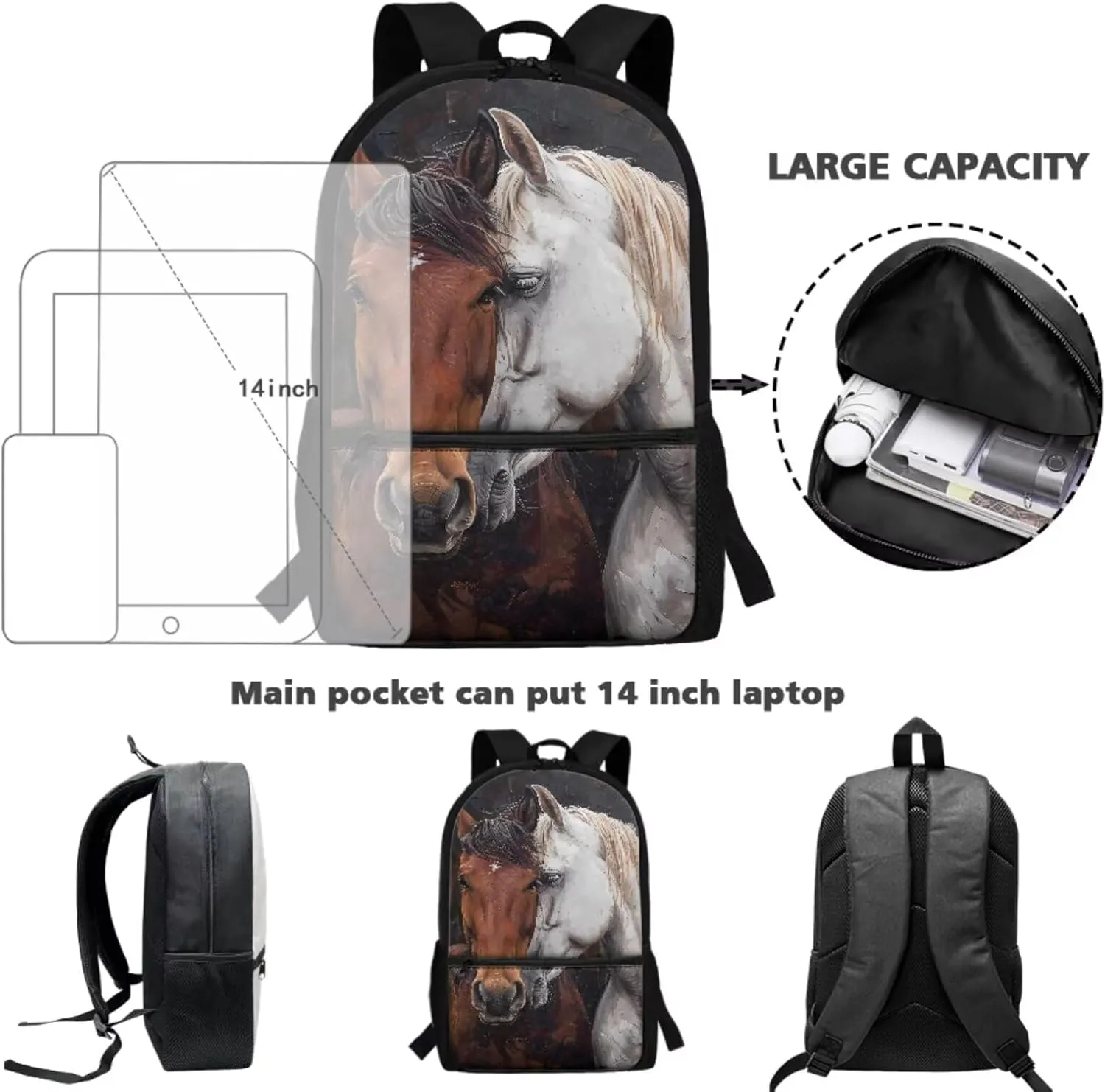 ZDCUSTOM Brown and White Horse Print 4 Pieces Schoolbags Set for Teen Boys Cool Shoulder Backpack with Padded Strap, Tote Lunch Bag, Pencil Case and Keychain