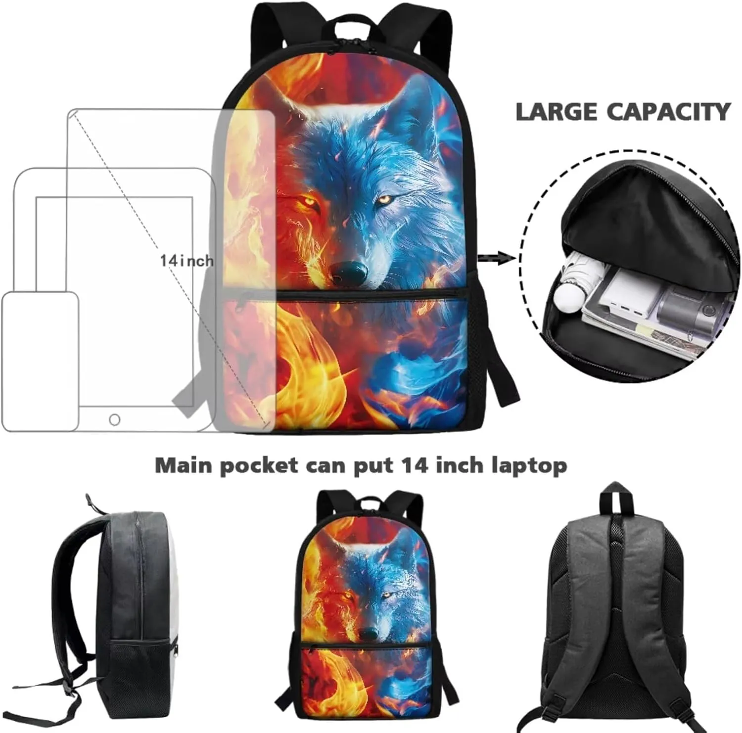 ZDCUSTOM Flame Wolf Print Cool Backpack for Teen Boys Age 8-14 Elementary Middle School Students Bookbag with Tote Lunch Bag Pencil Case and Keychain