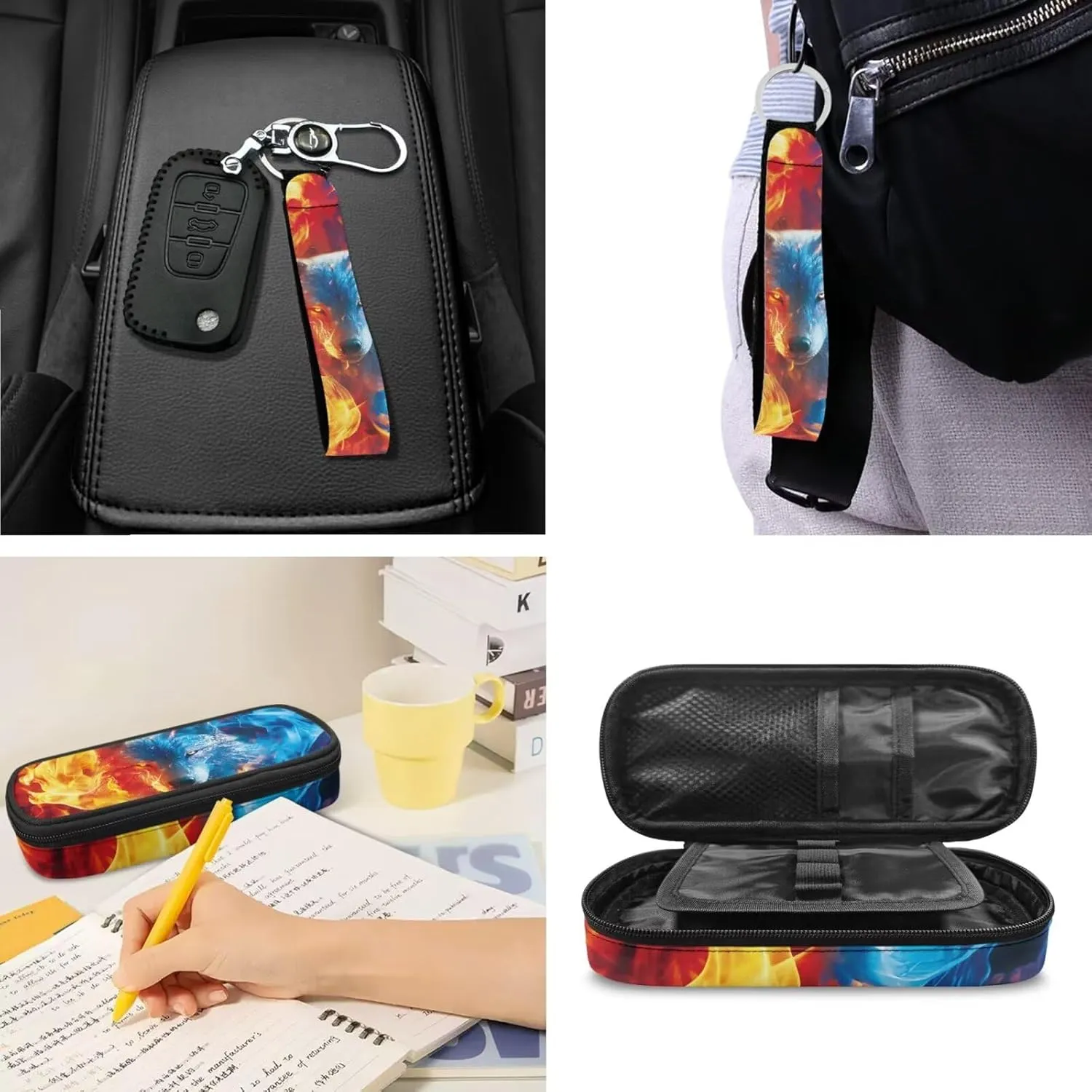 ZDCUSTOM Flame Wolf Print Cool Backpack for Teen Boys Age 8-14 Elementary Middle School Students Bookbag with Tote Lunch Bag Pencil Case and Keychain