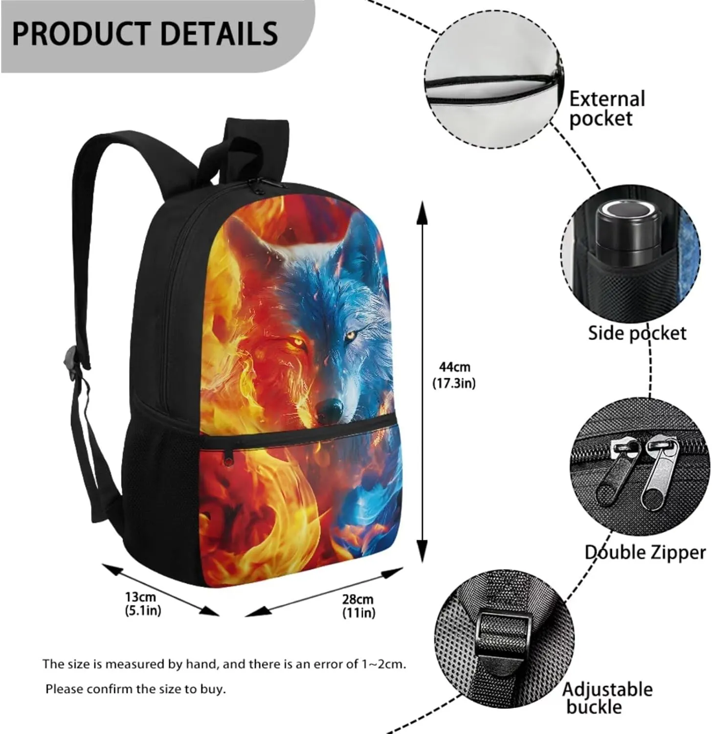 ZDCUSTOM Flame Wolf Print Cool Backpack for Teen Boys Age 8-14 Elementary Middle School Students Bookbag with Tote Lunch Bag Pencil Case and Keychain