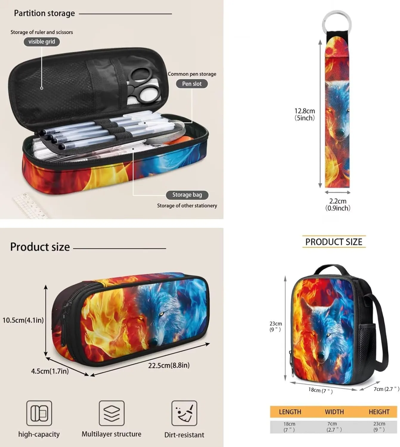 ZDCUSTOM Flame Wolf Print Cool Backpack for Teen Boys Age 8-14 Elementary Middle School Students Bookbag with Tote Lunch Bag Pencil Case and Keychain