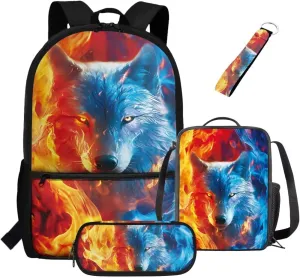 ZDCUSTOM Flame Wolf Print Cool Backpack for Teen Boys Age 8-14 Elementary Middle School Students Bookbag with Tote Lunch Bag Pencil Case and Keychain