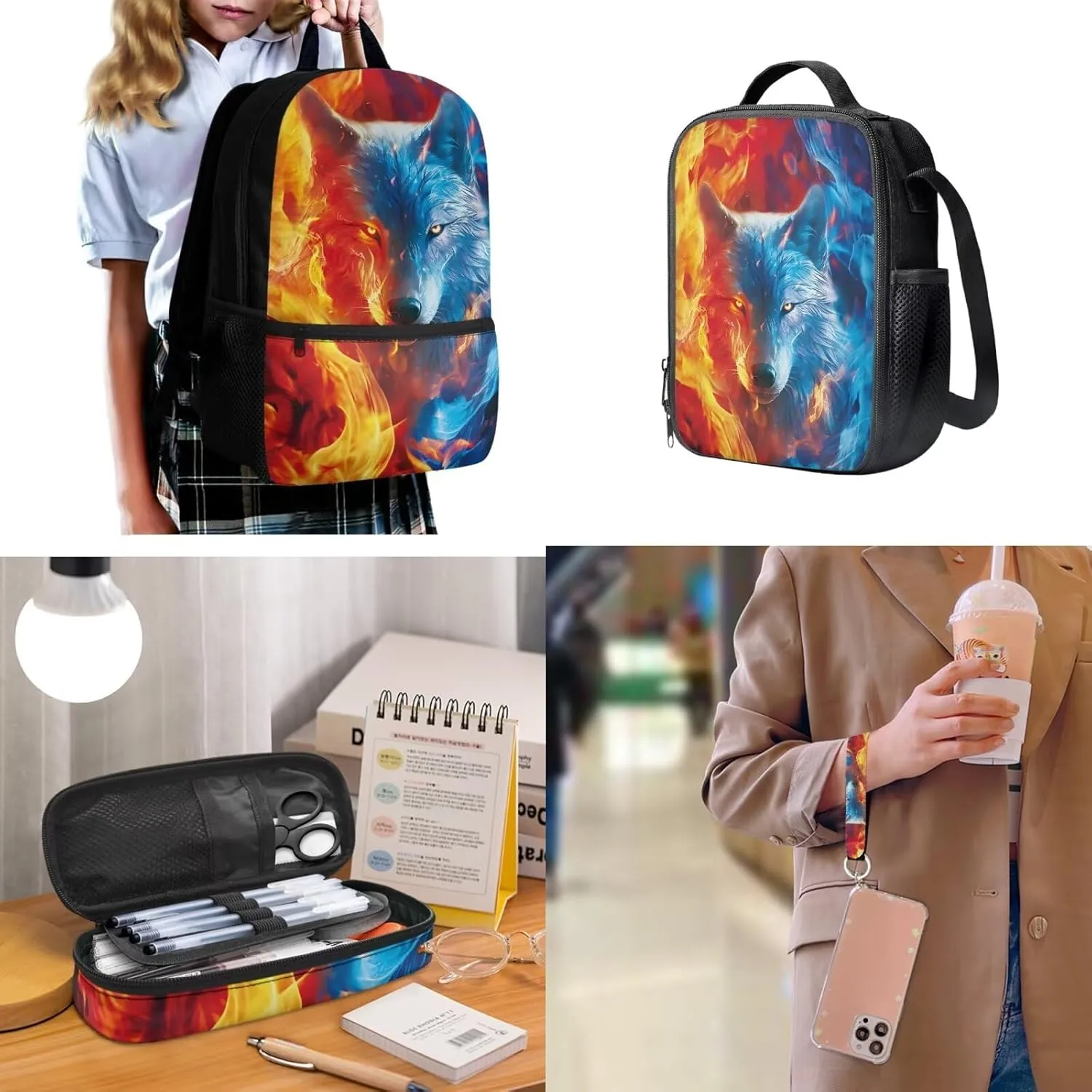 ZDCUSTOM Flame Wolf Print Cool Backpack for Teen Boys Age 8-14 Elementary Middle School Students Bookbag with Tote Lunch Bag Pencil Case and Keychain