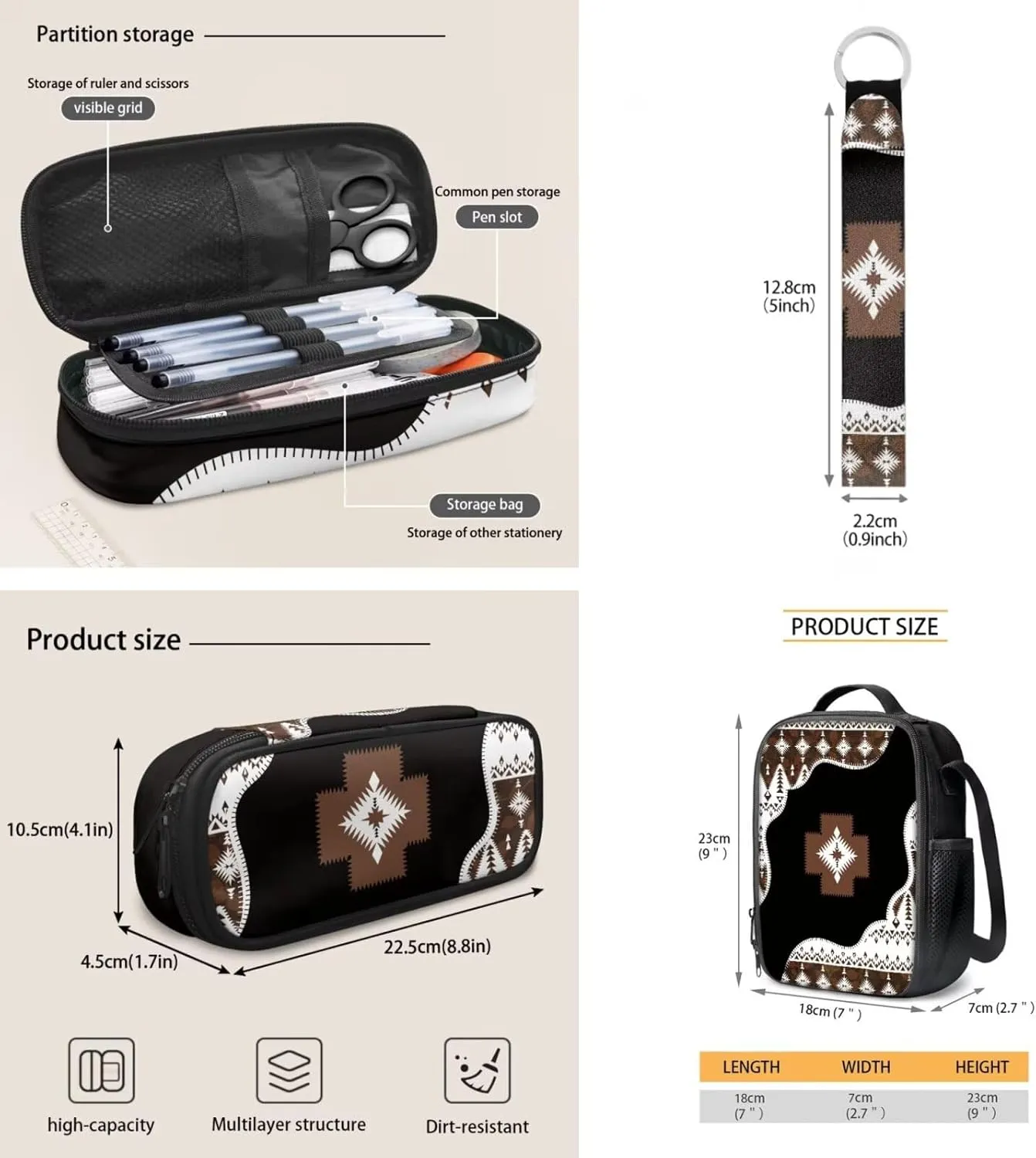 ZDCUSTOM Navajo Tribal Geometric Print 17 inch Cool Backpack with Lunch Bag Pencil Case and Keychain 4 Pieces School Bags Set for Elementary School Teen Boys