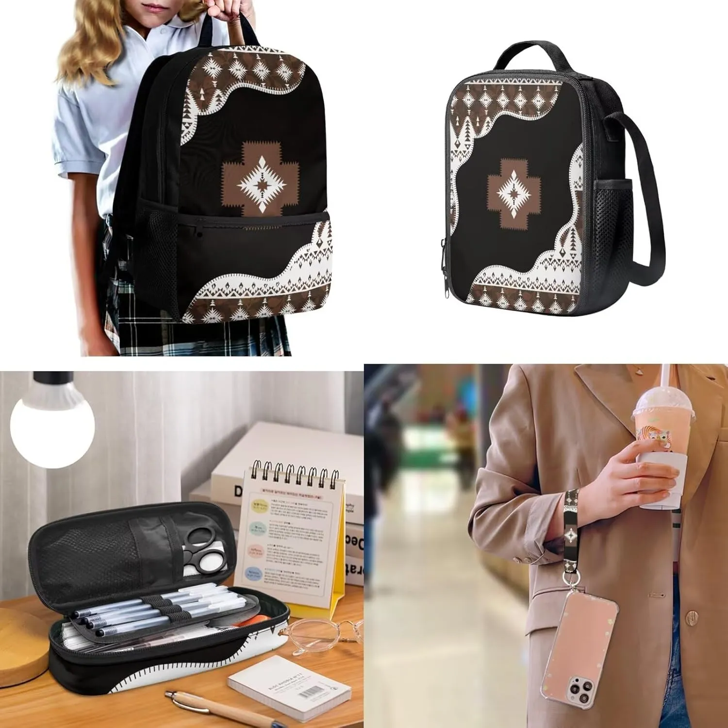 ZDCUSTOM Navajo Tribal Geometric Print 17 inch Cool Backpack with Lunch Bag Pencil Case and Keychain 4 Pieces School Bags Set for Elementary School Teen Boys