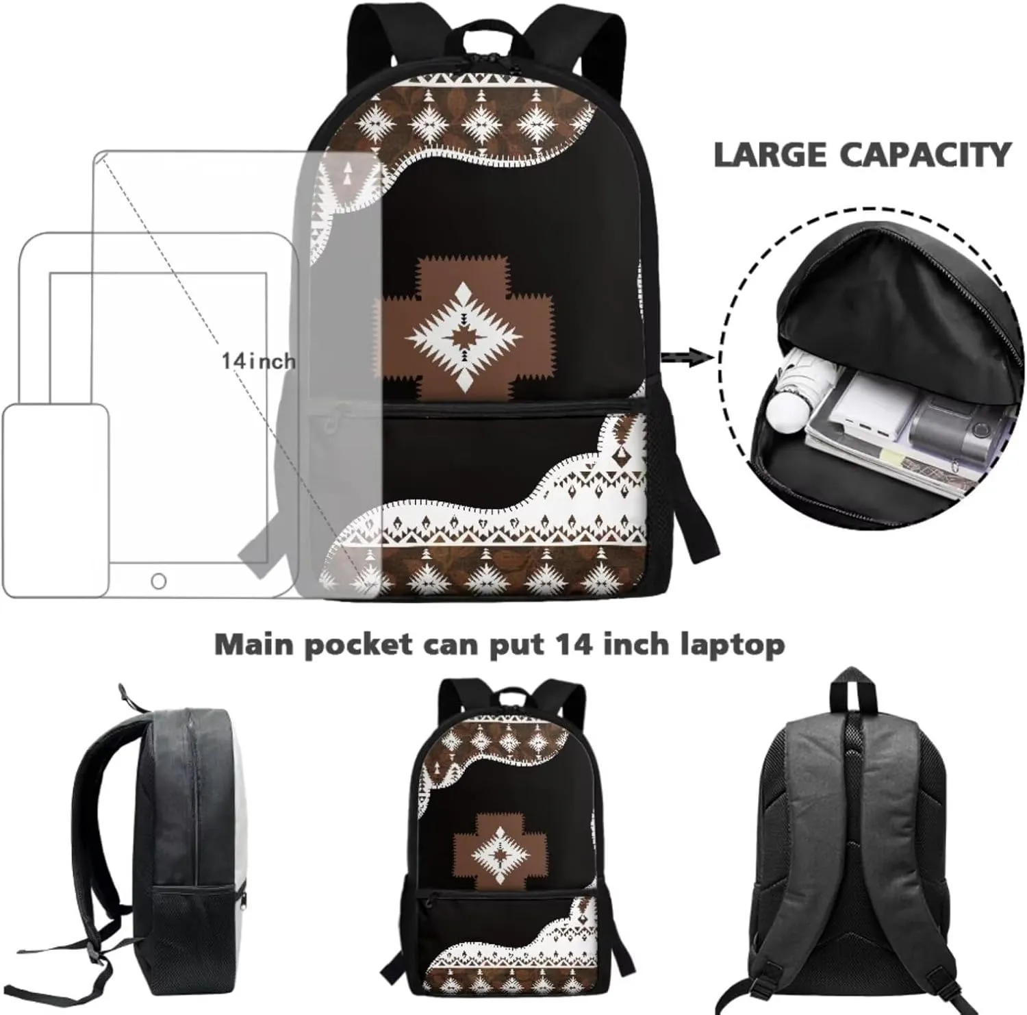 ZDCUSTOM Navajo Tribal Geometric Print 17 inch Cool Backpack with Lunch Bag Pencil Case and Keychain 4 Pieces School Bags Set for Elementary School Teen Boys