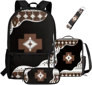 ZDCUSTOM Navajo Tribal Geometric Print 17 inch Cool Backpack with Lunch Bag Pencil Case and Keychain 4 Pieces School Bags Set for Elementary School Teen Boys