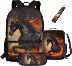 ZDCUSTOM Running Horse Print 4 Pcs Cool Backpack with Tote Lunch Bag Pencil Case and Keychain Elementary Middle School Teen Boys School Daypack Set