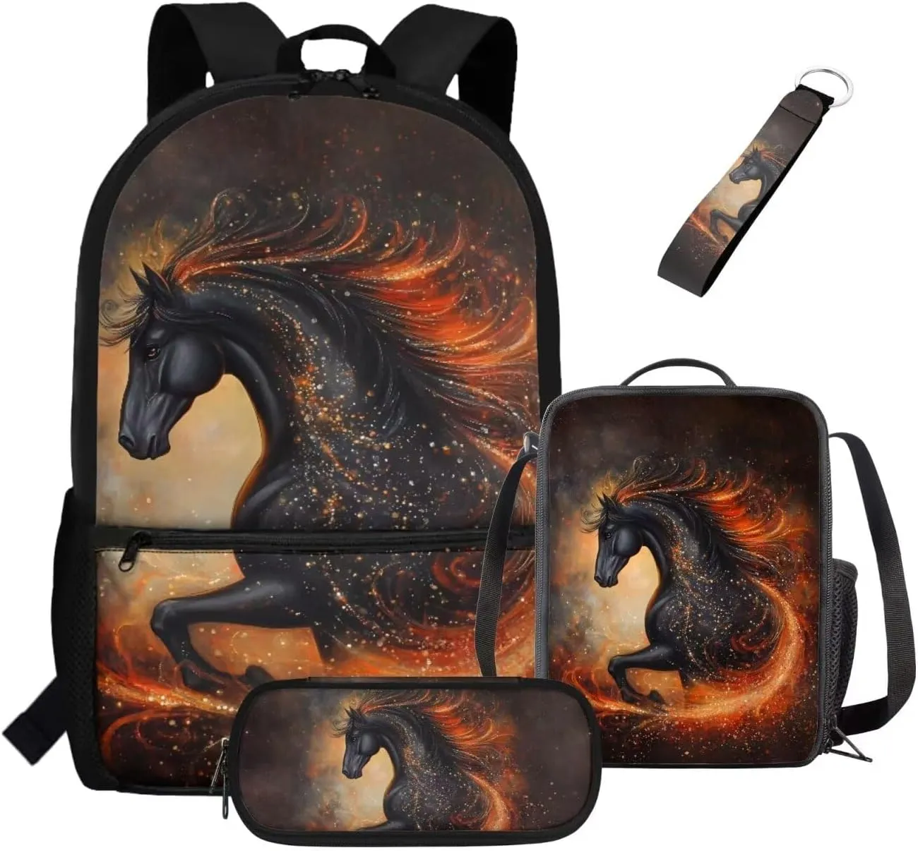ZDCUSTOM Running Horse Print 4 Pcs Cool Backpack with Tote Lunch Bag Pencil Case and Keychain Elementary Middle School Teen Boys School Daypack Set