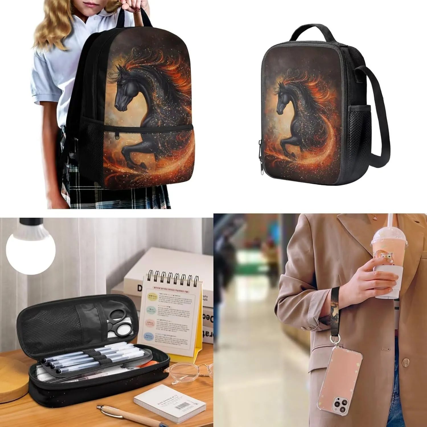 ZDCUSTOM Running Horse Print 4 Pcs Cool Backpack with Tote Lunch Bag Pencil Case and Keychain Elementary Middle School Teen Boys School Daypack Set