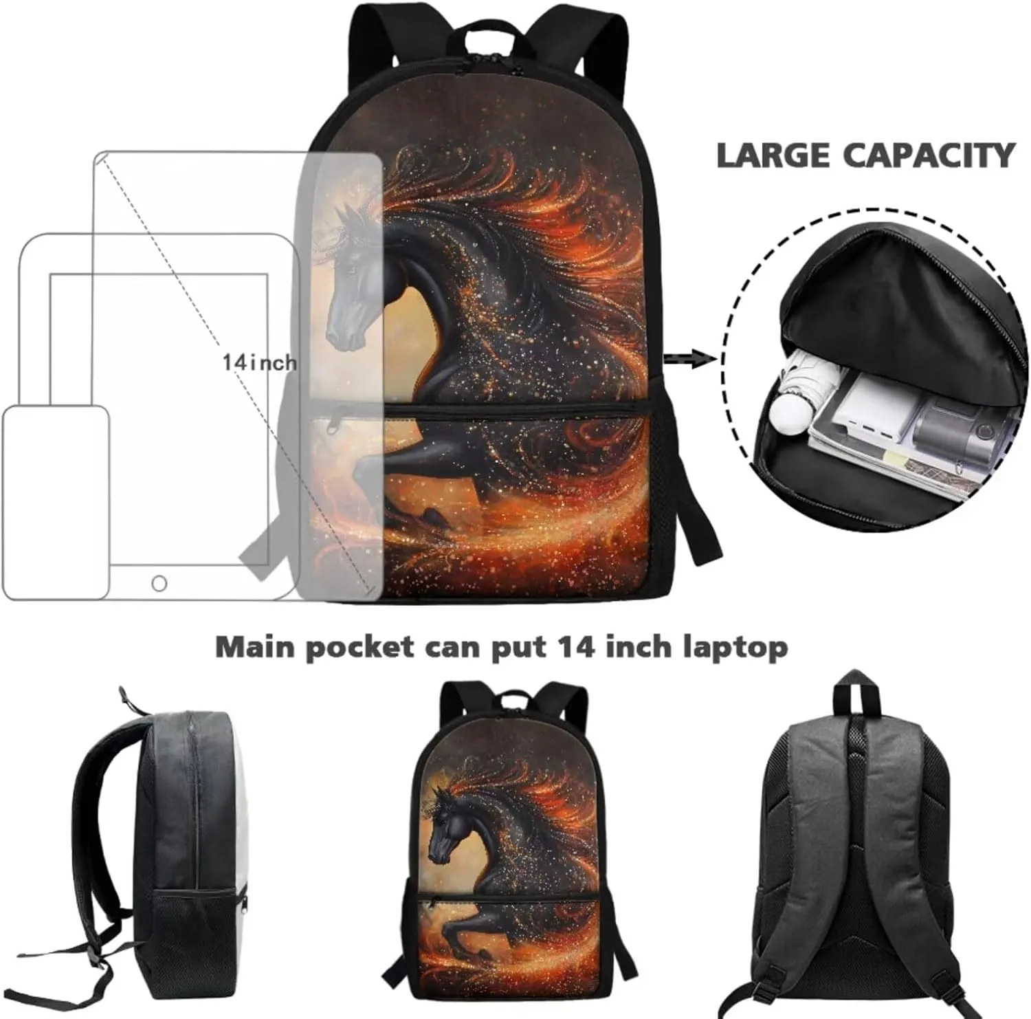 ZDCUSTOM Running Horse Print 4 Pcs Cool Backpack with Tote Lunch Bag Pencil Case and Keychain Elementary Middle School Teen Boys School Daypack Set