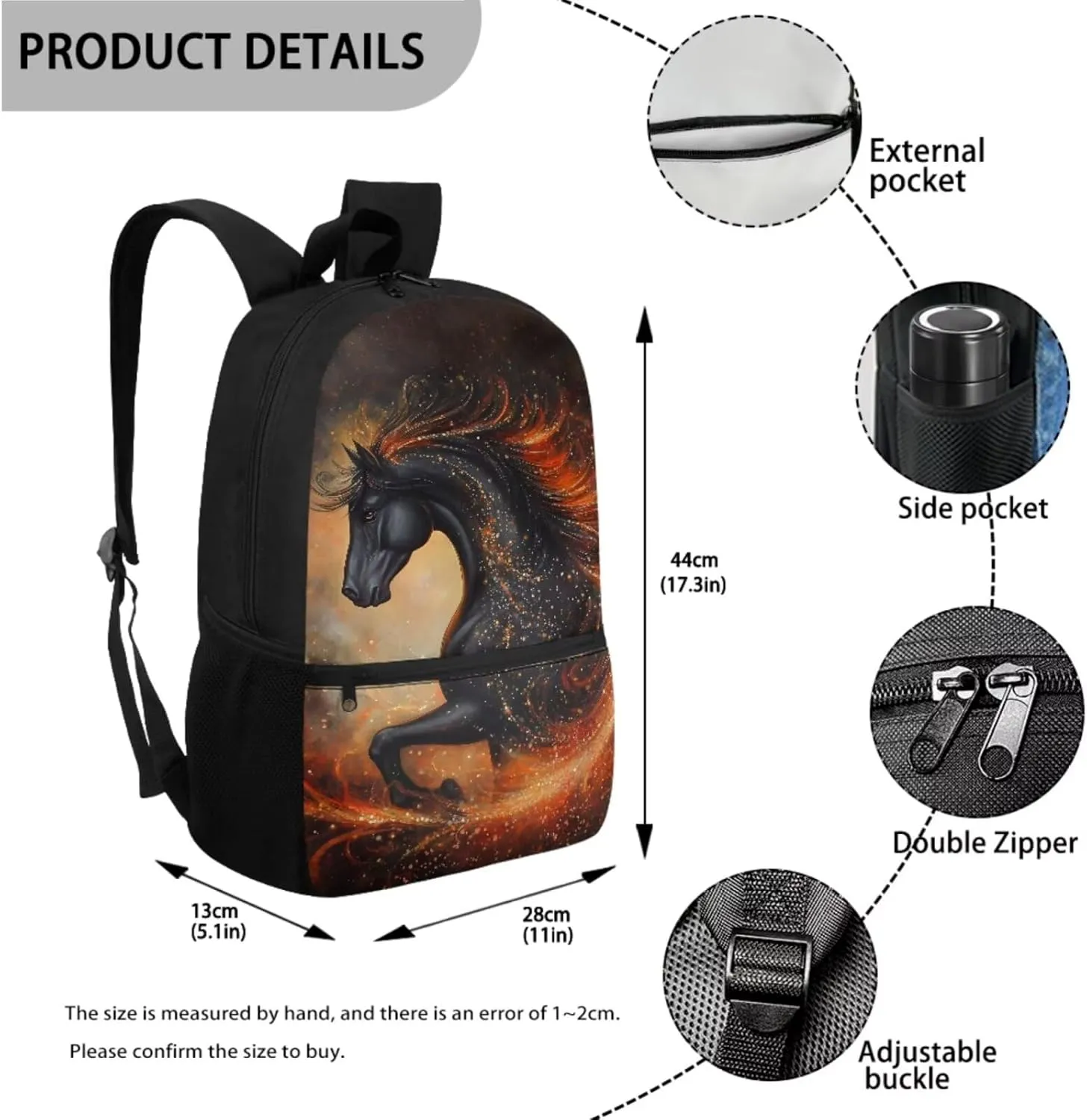 ZDCUSTOM Running Horse Print 4 Pcs Cool Backpack with Tote Lunch Bag Pencil Case and Keychain Elementary Middle School Teen Boys School Daypack Set