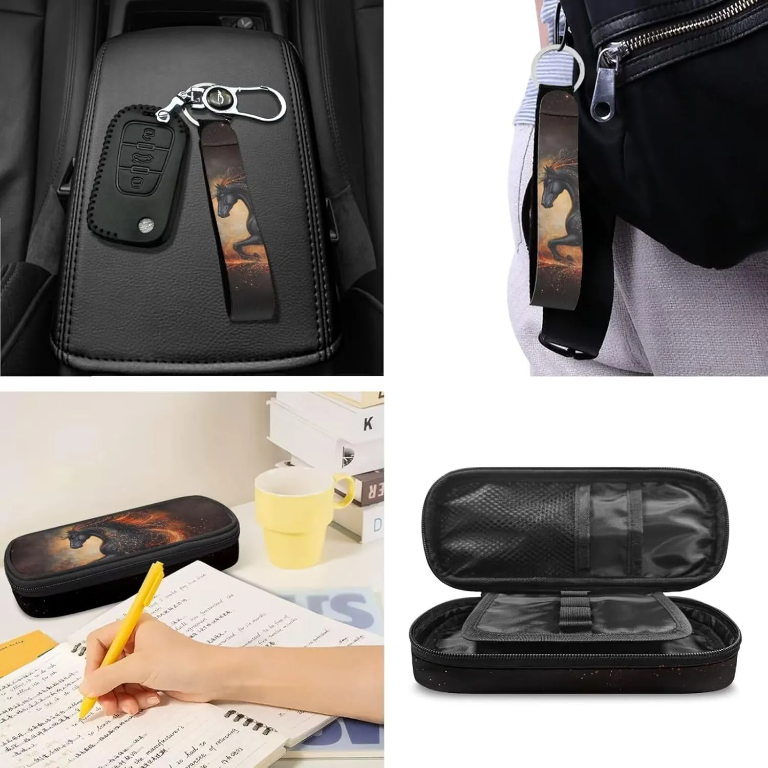 ZDCUSTOM Running Horse Print 4 Pcs Cool Backpack with Tote Lunch Bag Pencil Case and Keychain Elementary Middle School Teen Boys School Daypack Set