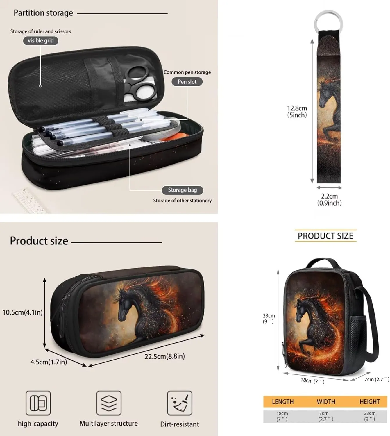 ZDCUSTOM Running Horse Print 4 Pcs Cool Backpack with Tote Lunch Bag Pencil Case and Keychain Elementary Middle School Teen Boys School Daypack Set