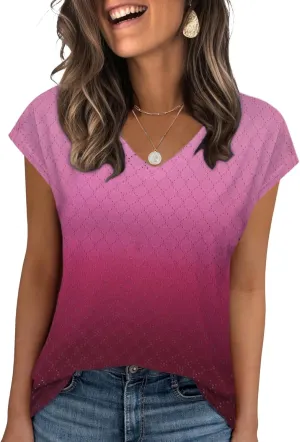 Zeagoo 2025 Women's Tank Top V Neck Eyelet T Shirts Cap Sleeve Tops Loose Fit Blouses Dressy Casual Summer Basic Shirts