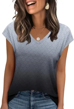 Zeagoo 2025 Women's Tank Top V Neck Eyelet T Shirts Cap Sleeve Tops Loose Fit Blouses Dressy Casual Summer Basic Shirts