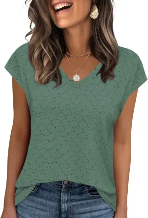 Zeagoo 2025 Women's Tank Top V Neck Eyelet T Shirts Cap Sleeve Tops Loose Fit Blouses Dressy Casual Summer Basic Shirts