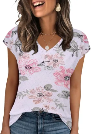Zeagoo 2025 Women's Tank Top V Neck Eyelet T Shirts Cap Sleeve Tops Loose Fit Blouses Dressy Casual Summer Basic Shirts