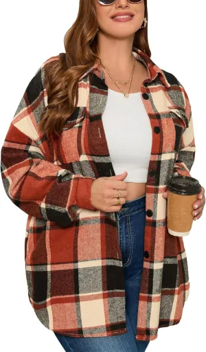 ZOMVA 2024 Women's 1X-5X Plus Size Flannel Plaid Corduroy Shacket Jacket Oversized Button Down Coats Shirts Winter Fall