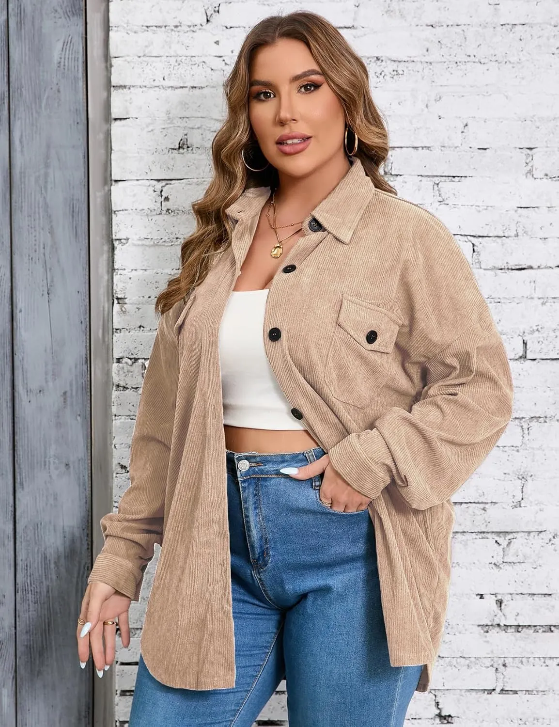 ZOMVA 2024 Women's 1X-5X Plus Size Flannel Plaid Corduroy Shacket Jacket Oversized Button Down Coats Shirts Winter Fall
