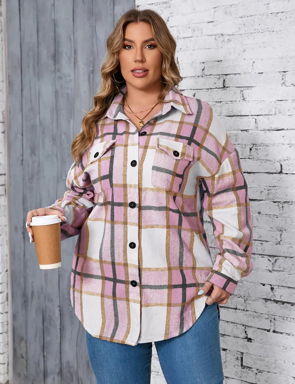 ZOMVA 2024 Women's 1X-5X Plus Size Flannel Plaid Corduroy Shacket Jacket Oversized Button Down Coats Shirts Winter Fall