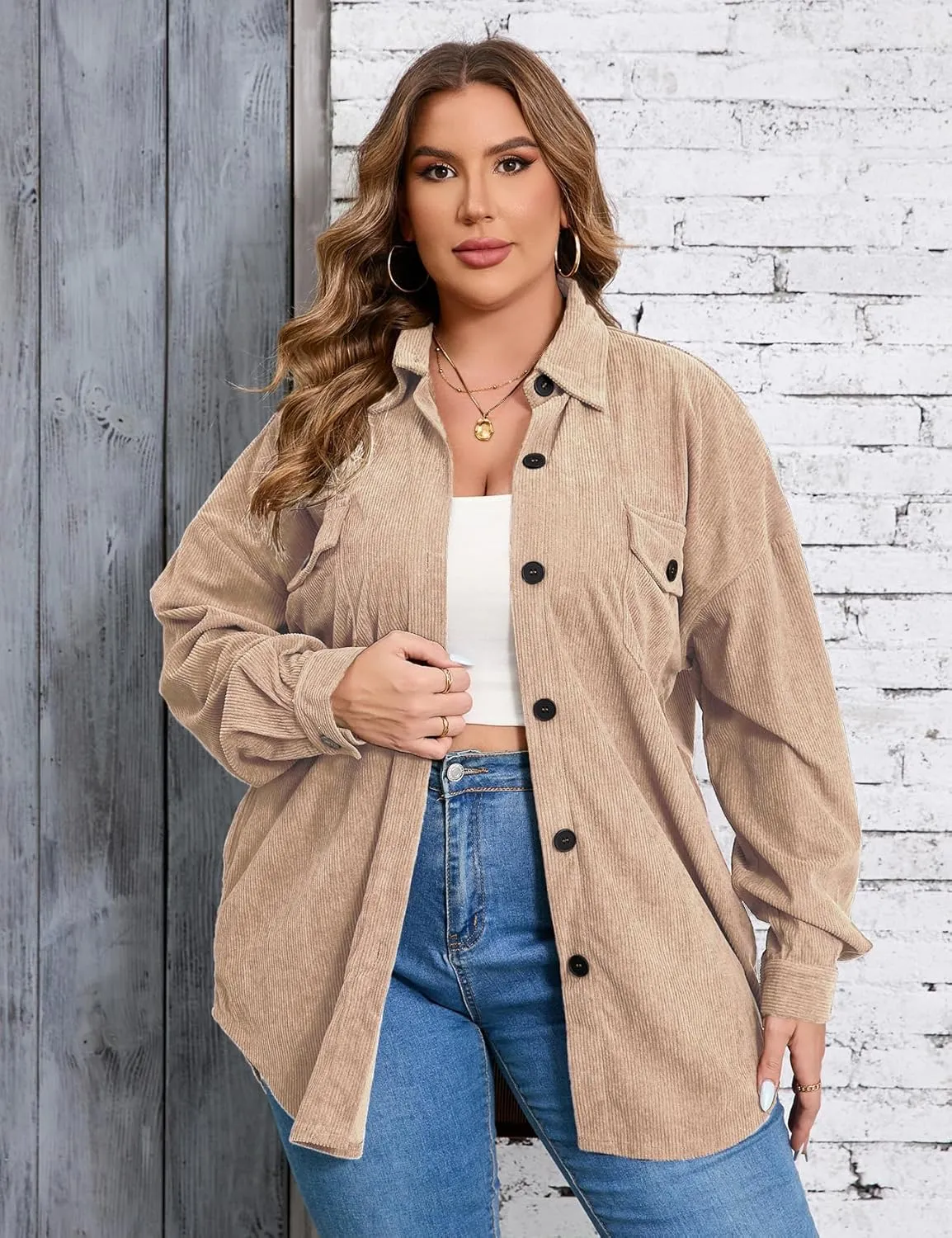 ZOMVA 2024 Women's 1X-5X Plus Size Flannel Plaid Corduroy Shacket Jacket Oversized Button Down Coats Shirts Winter Fall