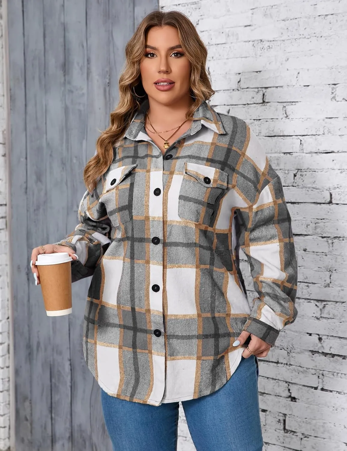 ZOMVA 2024 Women's 1X-5X Plus Size Flannel Plaid Corduroy Shacket Jacket Oversized Button Down Coats Shirts Winter Fall