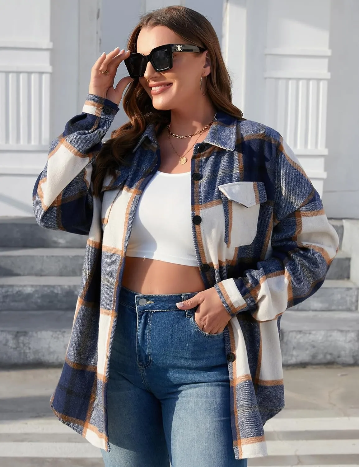 ZOMVA 2024 Women's 1X-5X Plus Size Flannel Plaid Corduroy Shacket Jacket Oversized Button Down Coats Shirts Winter Fall