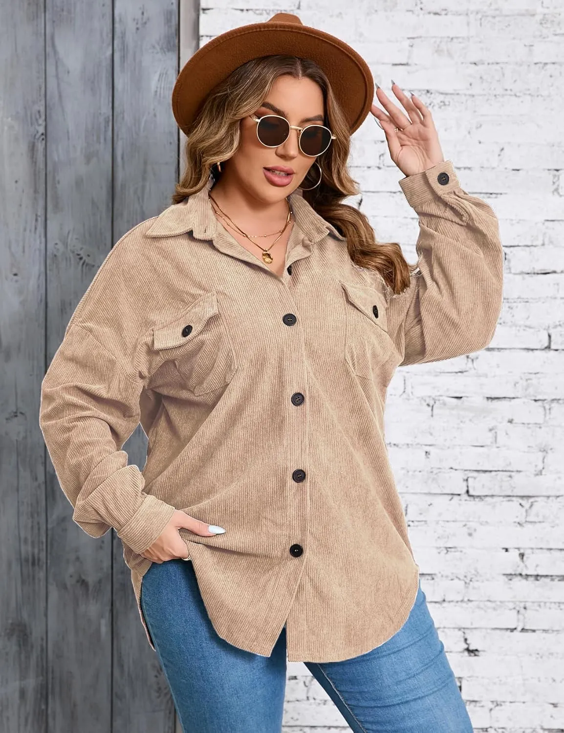 ZOMVA 2024 Women's 1X-5X Plus Size Flannel Plaid Corduroy Shacket Jacket Oversized Button Down Coats Shirts Winter Fall