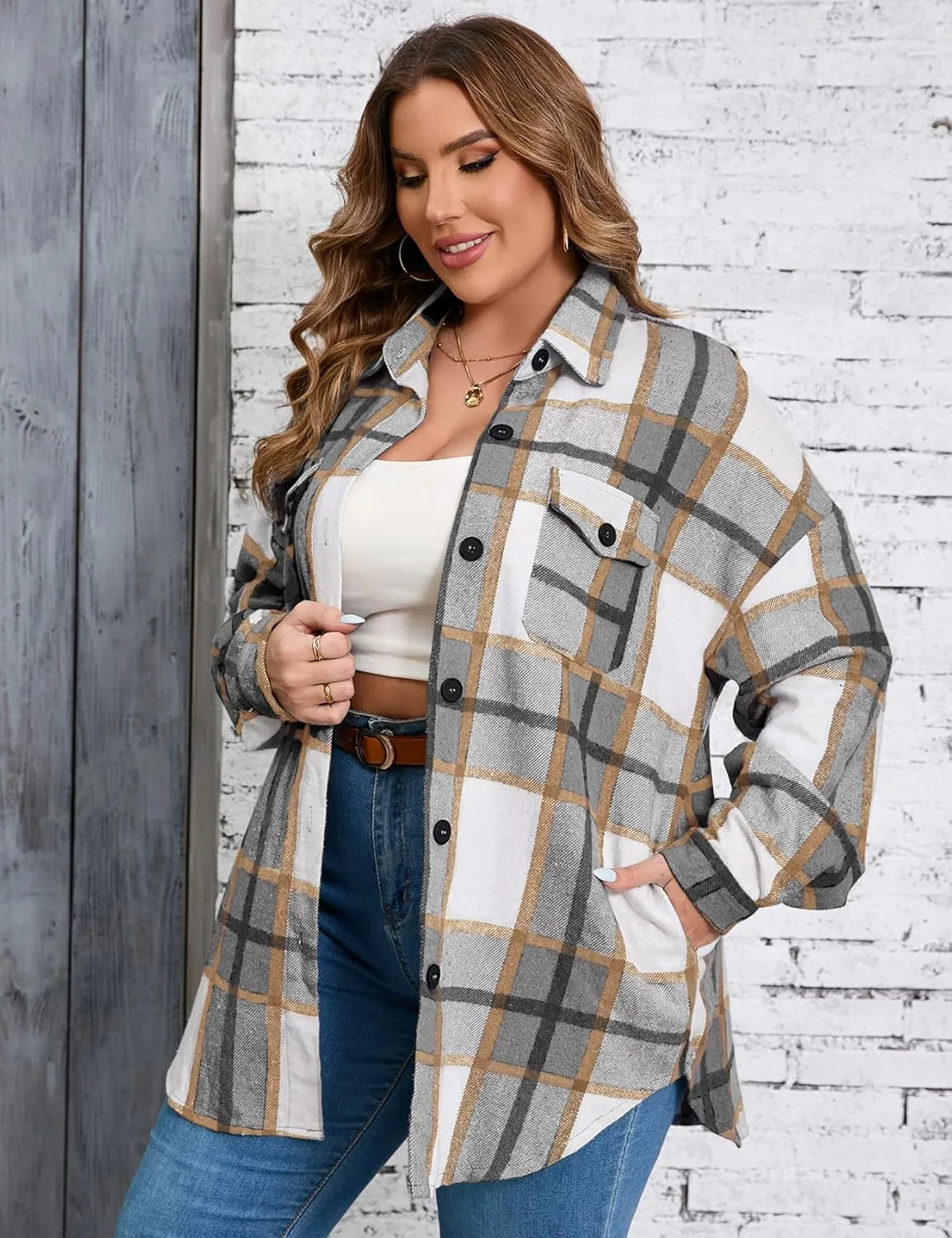 ZOMVA 2024 Women's 1X-5X Plus Size Flannel Plaid Corduroy Shacket Jacket Oversized Button Down Coats Shirts Winter Fall