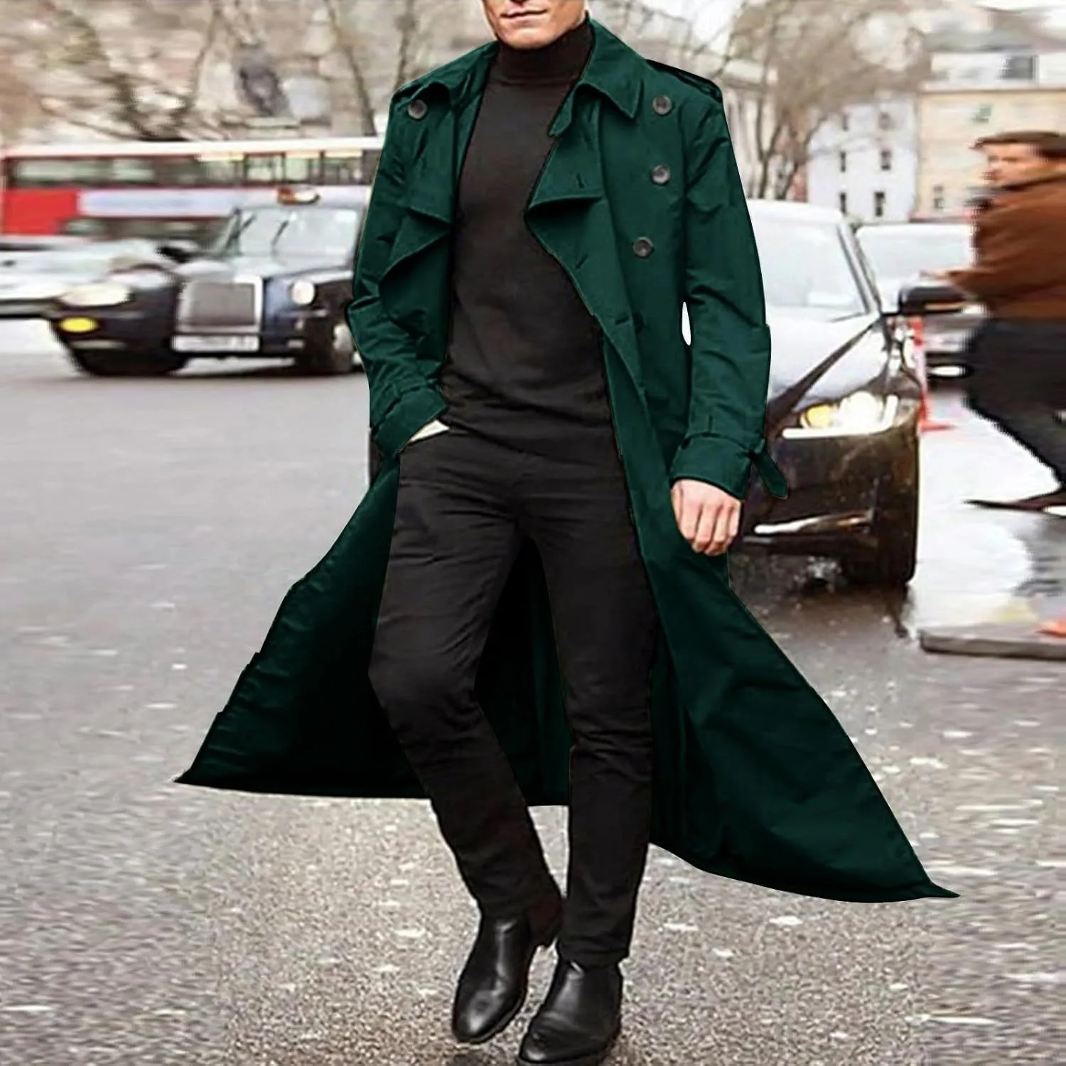 ZYXTIM Man's Double Breasted Trench Coat Notched Lapel Casual Windbreaker Vintage Long Jacket Overcoat with Shoulder Pad