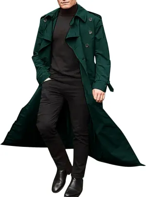 ZYXTIM Man's Double Breasted Trench Coat Notched Lapel Casual Windbreaker Vintage Long Jacket Overcoat with Shoulder Pad
